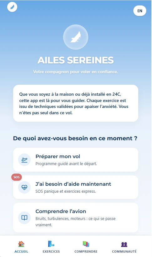 Interface mobile de l'application Ailes Sereines